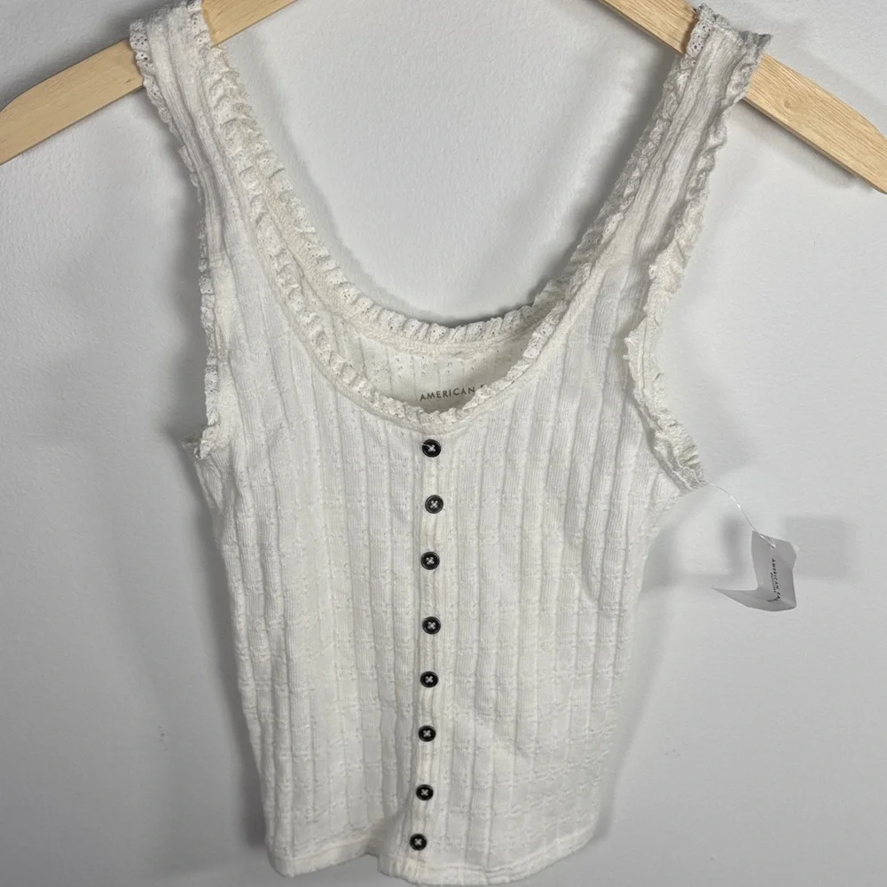 NWT American Eagle White Ribbed Button-Front Tank Top XXS Lace Trim